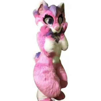 Drăguț Roz Lungă De Blană De Câine Mascota Costum Husky Fox Fursuit Costum De Halloween Cosplay
