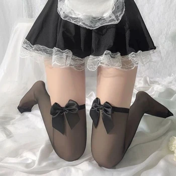 JK Lolita Drăguț Arc Coapsa Inalta Ciorapi Ultra-subțire Transparent Genunchi Ridicat Ciorap Ciorap Lenjerie Sexy Ciorapi de Nailon Ciorapi Negri