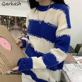 Pulovere Femei cu Dungi Harajuku Strada Design Vrac Stil coreean Doamnelor Primăvară All-meci Moda Tricotaje, Pulover Colegiul Ins
