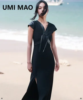 UMI MAO Noul Stil Chinezesc V-Gât Rochie Eleganta de Vara pentru Femei Beach Epocă Panou Negru din Piele PU Fusta Femme Y2K