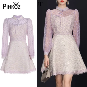 Pinkoz Chineză butoane elegante mozaic volane din dantela stand guler violet O mini-linie de rochii de moda pentru femei vestidos halat de lux