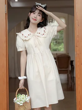 Stil Japonez Peter Pan Guler Rochie Mini Femei Lolita Caise Rochie Neagra Slim Maneci Scurte Talie Mare Vara Moda Pentru Femei