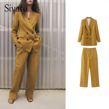 Sivatu TRAF 2023 Femeie 2 Piese Seturi de Moda Direct Pieptul Blazer Coat Topuri+de Înaltă Wasit Pantaloni Lungi de Primăvară de Cauzalitate Naveta Set