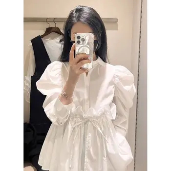 QWEEK Alb pentru Femei Tricou Manșon de Puf Volane Supradimensionate Bluza coreeană de Moda de Îmbrăcăminte de Epocă Topuri Drăguț Dantela-up Harajuku Preppy