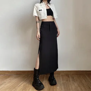 Goth Întuneric Streetwear Negru Y2k Marfă Fuste Midi Grunge Gotic Split Sexy Talie Mare Pentru Femei De Moda Coreeană Cădea La Fund