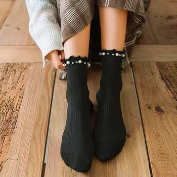 Perla Subțire de Primăvară de Toamnă Șosete de Bumbac Japonez Dantela Casual Femei Șosete Șosete Laminate din Lemn Ureche Marginea de Moda Șosete de Bumbac Negru