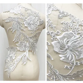 1 buc Fildeș Poliester Fir de Argint Brodate Dantelă rochii de Mireasa Floare Înapoi Diy Aplicatiile de Flori de Nunta Materialul 53X35cm BD0475