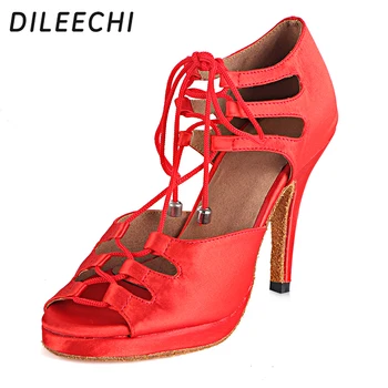 DILEECHI femei latină pantofi de dans salsa party dance pantofi din satin Impermeabil platforma roșu negru bronz cu toc de 10 cm pantofi de dans