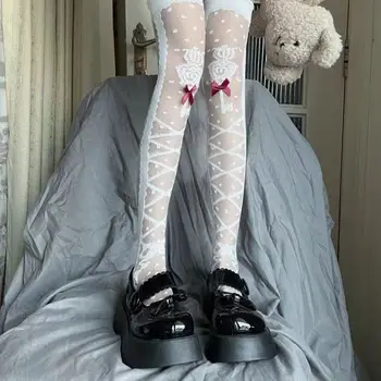 Japoneze JK Printesa Lolita Șosete Lungi Moale Fata Alb Coapsa Inalta Șosete Papion Transparent Jacquard Genunchi Șosete Mari