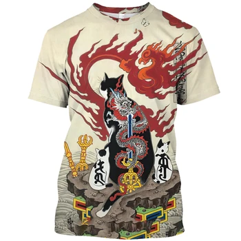 Japonia Samurai Cat de Imprimare Bărbați și Femei T Shirt Tendință de Moda, Stil Casual, O-neck Supradimensionate Maneci Scurte 2023 Casual T-Shirt