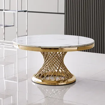 [Vanzare]Design de Lux din Marmură Masă Rotundă de Cafea cu Aur Oglindă din Oțel Inoxidabil Finisaj de Bază[NE-W]