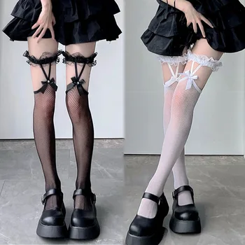 Femei Sexy Ochiurilor De Plasă De Coapsă Ridicat Fata Ciorapi Șosete Lungi Ciorapi Stil Japonez Dantela Bowknot Suspensor Genunchi Șosete Mari