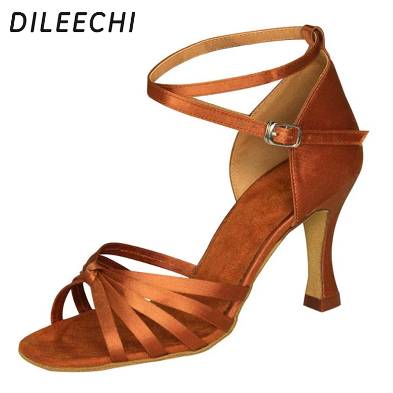 DILEECHI femei Salsa latino-pantofi de dans cu Toc de Inaltime 7,5 cm Culoare de bronz Pantofi pantofi de Dans Profesionist