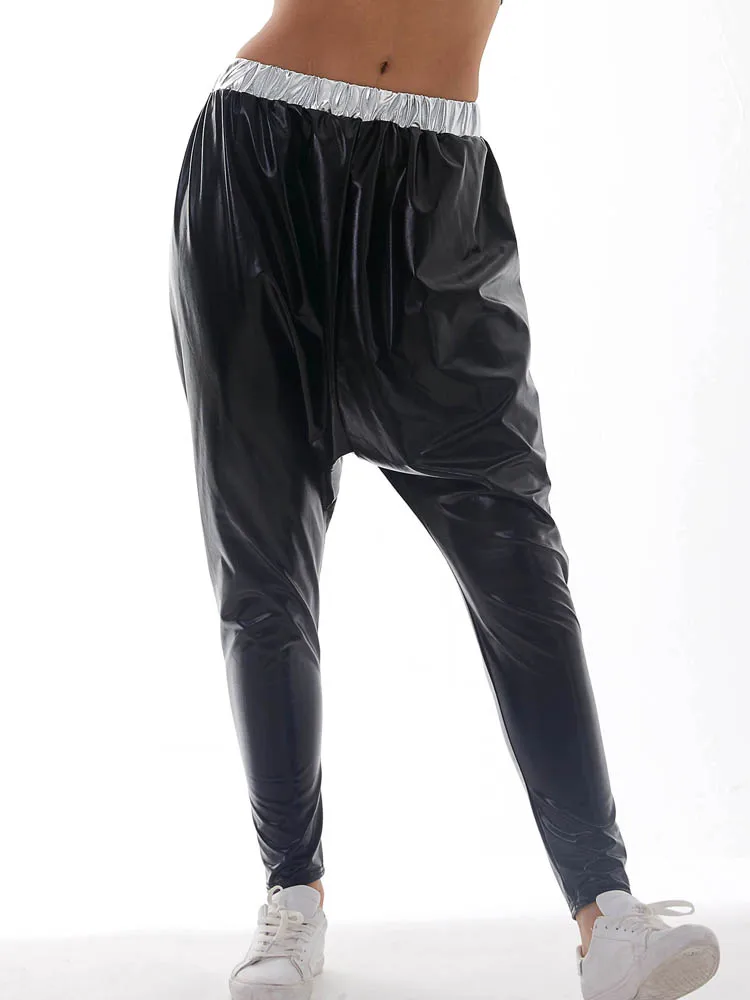 Moda Streetwear Femei Hip Hop Metalice Pantaloni Strălucitoare Harem Pantaloni Stretch Scăzut Picioare Pantaloni Largi Pentru Dans