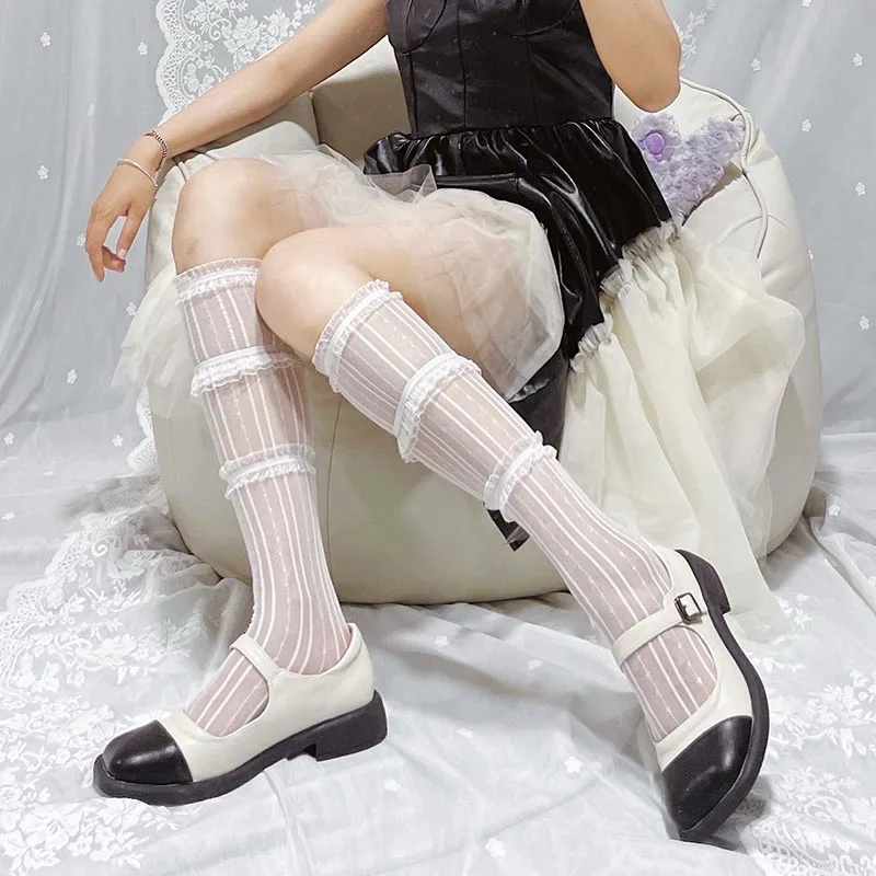 JK Femei Dulce Șosete Dantelă Alb-Negru Lolita Transparent, Șosete Solid de Culoare Moda Kawaii Cosplay Sexy Buline Ciorapi