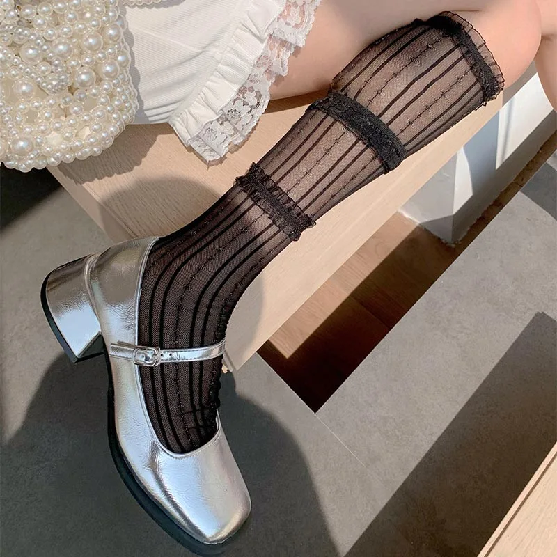 JK Femei Dulce Șosete Dantelă Alb-Negru Lolita Transparent, Șosete Solid de Culoare Moda Kawaii Cosplay Sexy Buline Ciorapi